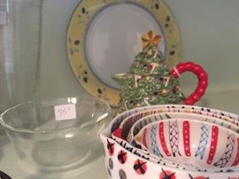 Colorful measuring cups, Christmas tea pot 