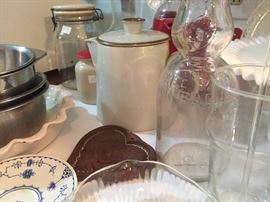 Antique milk jug, glass ware, pans
