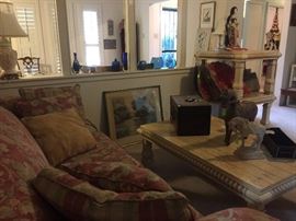 Sofa, matching coffee table and end tables, large boxes, prints 
