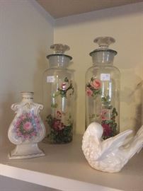 Turtle doves, antique bath water bottles 