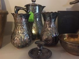 Silverplate vases, coffee pots 