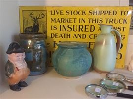 Old metal signs, magnifying glass collection, pottery 