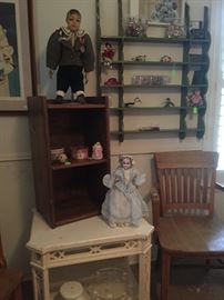 Antique chair, antique rack, misc sewing notations, antique wooden male doll