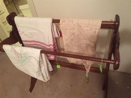 Primitive blanket racks, lace table cloths 