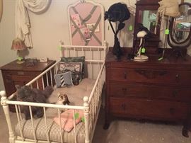 Antique oak dresser, ice box, iron baby bed, 