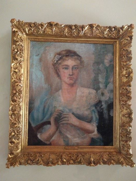 Lovely original oil painting, by Dutch artist, E. Lott, in a wonderful wooden gilt frame.                                    Looks as if she's eyeing a nice roll of toilet paper.         I'll bet it's a love gift from Mr. Whipple...