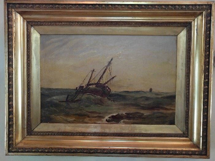 Original oil painting in wooden gilt frame - a ship tossed about on the ocean. There outta be a song!