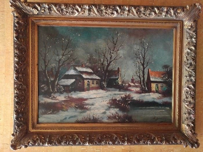 Tranquil winter scene, original oil in wooden gilt frame.