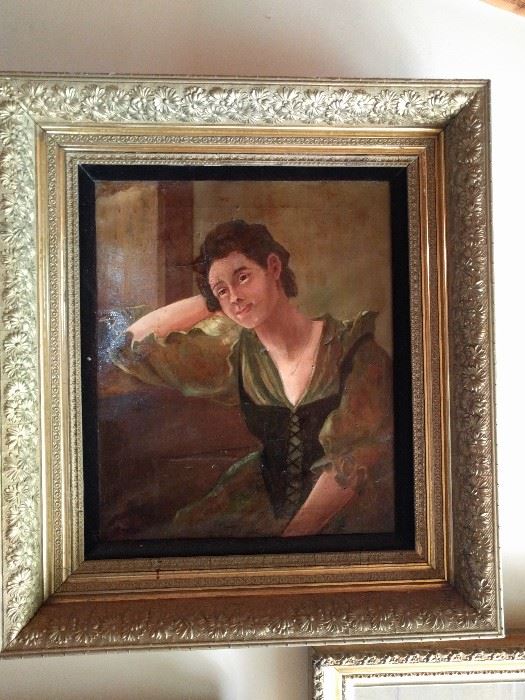 She is SO pining away for her lover, or she's very drunk and about to fall over. I think her corset may also be a bit tight.                                                                              She prolly don't know a THING 'bout birthin' no babies! Actually, she's a very good oil portrait, purchased from the Wrigley estate in the 1980's; love all the great frames on the art in this house!
