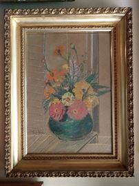 Original pastel floral still life, signed by Paula M. Robertson, 1949.