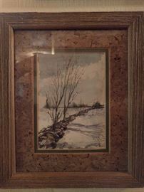 Another Tom Scott original watercolor, this one of a stone wall in a snow-covered field. Very 1970's, with avocado and cork board mat.
Don't ya know he had a harvest gold washer/dryer?