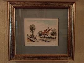 Original watercolor of thatched roof English cottage, one of a pair.