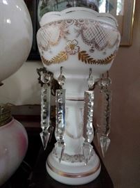 One of a pair of very nice milk glass lusters, and yes, they have ll of their crystals intact.