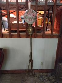 Victorian brass floor lamp, with hand painted globe.