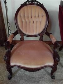 Well executed Victorian armchair, nicely carved, with decent upholstery. No pee stains either!