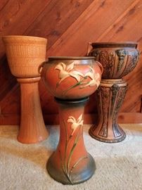 Holy Trinity of Roseville Pottery! L-R: -R R P (Robinson-Ransbottom Pottery) # 412-11" -Zephyr Lily 671-8" Jardiniere Pedestal -Roseville Florentine Jardiniere Pedestal