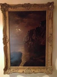 Dark & Swarthy moonlit ocean cliff scene, original oil on canvas - another great frame!