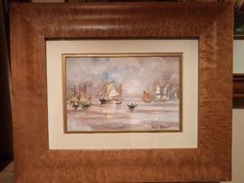One of a pair of original watercolors, in birdseye maple frames, by English artist, Brian Beevers.