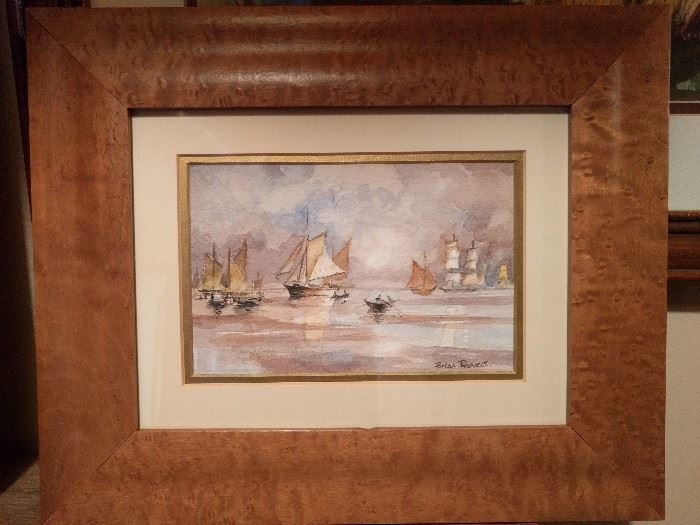 One of a pair of original watercolors, in birdseye maple frames, by English artist, Brian Beevers.