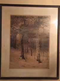 Original snow scene watercolor, by William Starbuck Macy (1853-1945).