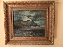 Love this stormy sea scene, original oil on canvas. The wooden frame continues the wavy motion of the sea. Don't ask me for sea sickness pills at this sale, please.
