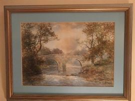 Original watercolor of stone bridge over troubled waters, signed J. Reid.