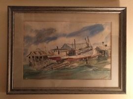 Original watercolor of dry docked boat, signed D. Waters. The boat is Named Sandra Nell.                                                                            Deep Waters? Devine Waters? You guess, I'm tired.