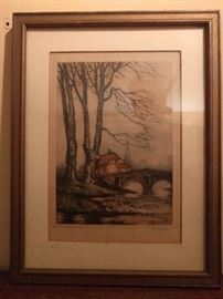 Antique signed etching of some lovely European bridge and church. Churches are the Starbucks of Europe, they're on every street corner!