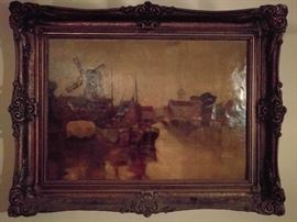 Large, vintage Dutch harbor scene signed oil on canvas - nice frame as well!