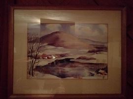 Original watercolor of sleepy village with snowfall, signed Robert R. Young.