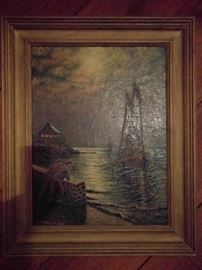 Nicely textured original oil, on canvas, of two sailors discussing the emotional impact they received from watching "Brokeback Mountain.
Signed A. E. Berlling, 1936.
