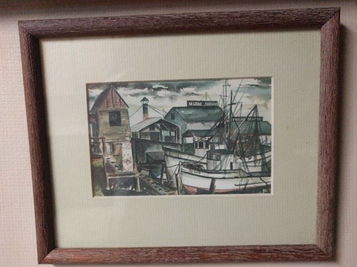 Original watercolor of two boats in a marina, Joann & Michael, how quaint!