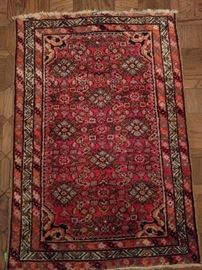 Vintage hand woven Persian Hamedan rug, 100% wool face, measures 3' 4" x 4' 8".