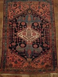 Vintage hand woven Persian Hamedan rug, 100% wool face, measures 3' 8" x 5' 5".