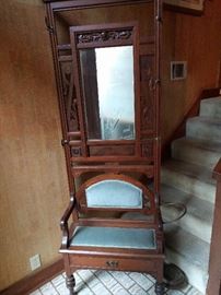 NICE Victorian carved walnut hall tree, with side umbrella stand.