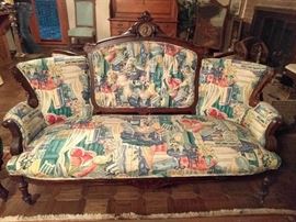 My eyes, my eyes!   :-(                                                             
IF you can overlook the fabric, this is part of a 3-piece parlor set, of sofa and pair of chairs, by John Jeliff.