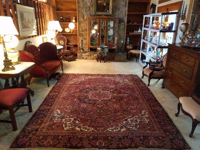 Nice view of the family room, Victorian furniture and the Persian Heriz, which measures 8' x 10'.