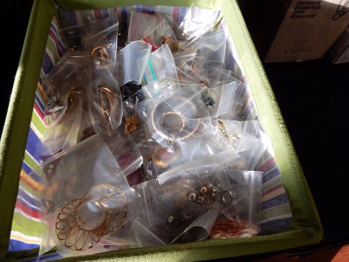 one bin of earrings, many more to come
