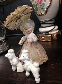 Porcelain Lady with Parasol and Poodles Figurines