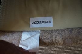 Pair wooden armchairs with rattan back and sides,
upholstered cushions, marked
Acquisitions by Henredon, $600/pair.