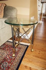 Century, wrought iron and brass, side tables, round glass top, $500/pair.