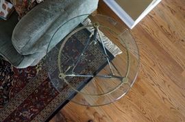 Century, wrought iron and brass, side tables, round glass top, $500/pair.