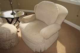Lounge set,
including two upholstered armchairs,
and ottoman, marked Owners Select,
North Carolina, $1,200/set.