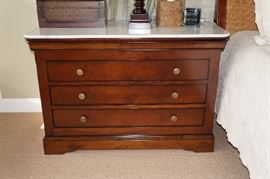 Pair, fruitwood, white
marble-top night stands, Grange,
marked made in France, $800/pair.