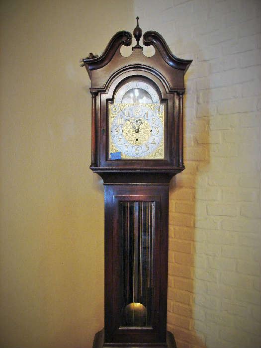 German tall case clock is running. Beautiful.