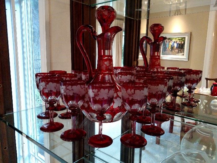 Bohemian blown and etched ruby glass wine set, circa 1880