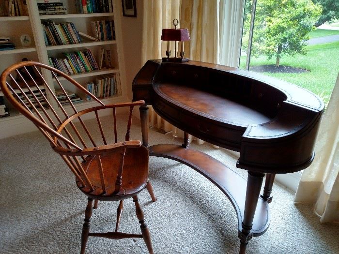 Mahogany leather top oval writing table with Windsor chair