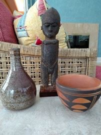 African pottery and figurine, and an art pottery vase