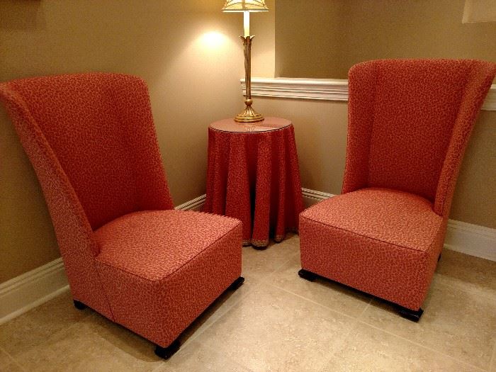Pair of A. Rudin Designs side chairs with custom made skirted tablecloth