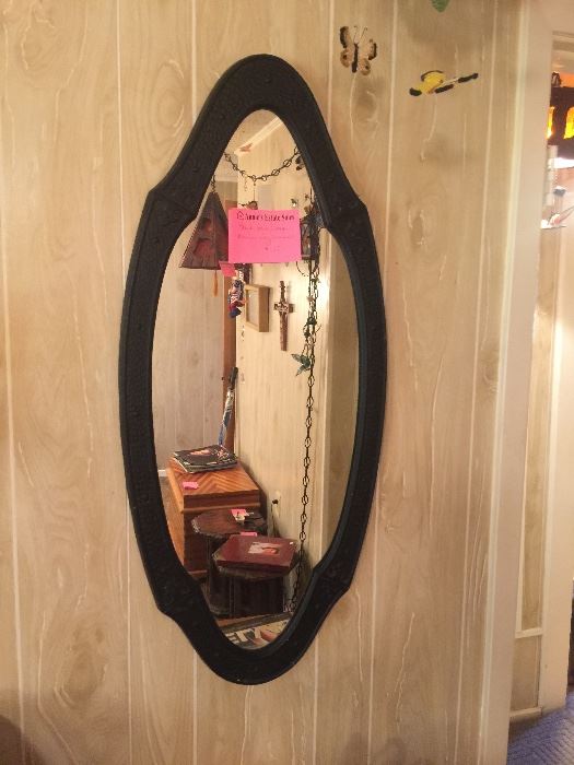 Antique black Wrought iron framed mirror, cool shape!